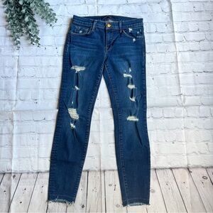J BRAND Low-Rise Cropped Skinny Distressed Jeans in Demented Trouble Dark Wash